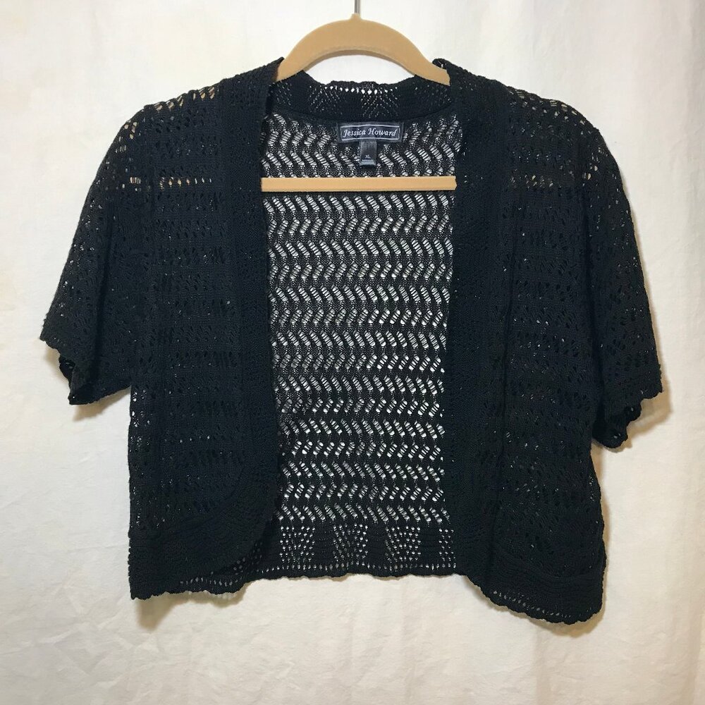 Jessica Howard * Crochet Black Knit Cardigan Crop Sweater Jacket XL X-Large EUC